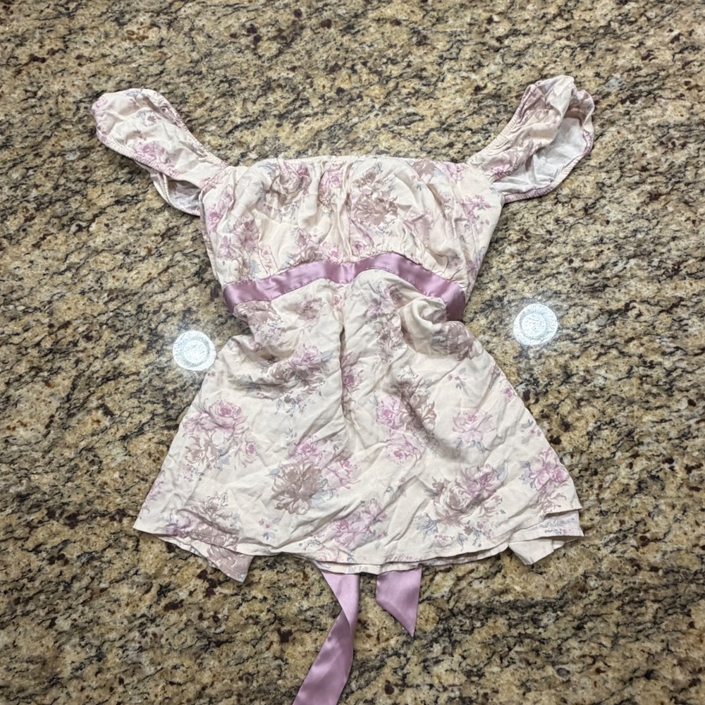 Hollister Floral Babydoll Top XXL Pink Cream Satin Tie Back Cottagecore v